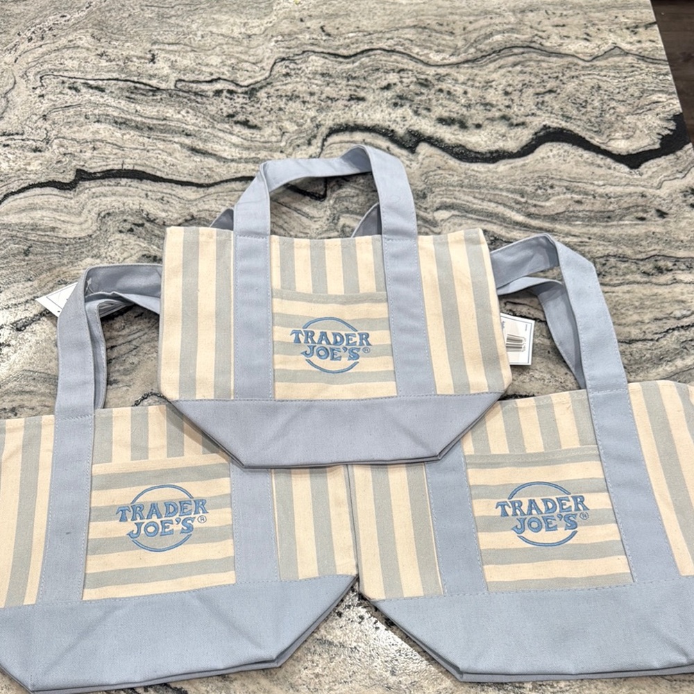 3 Trader Joe's Canvas Stripe Tote Bags in Light Blue and Cream